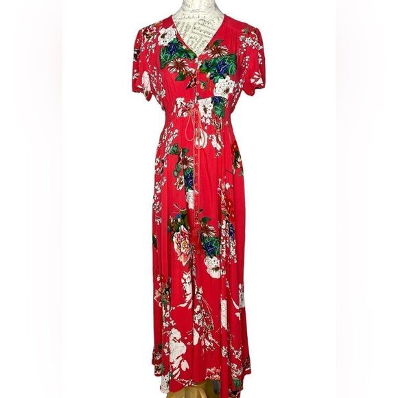 Floral Button Up Maxi Dress Red Elastic Waist L - Picture 1 of 8